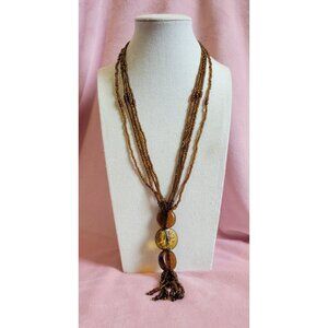 Amber Color Layered Glass Seed Bead Dangle Tassel Necklace N1F